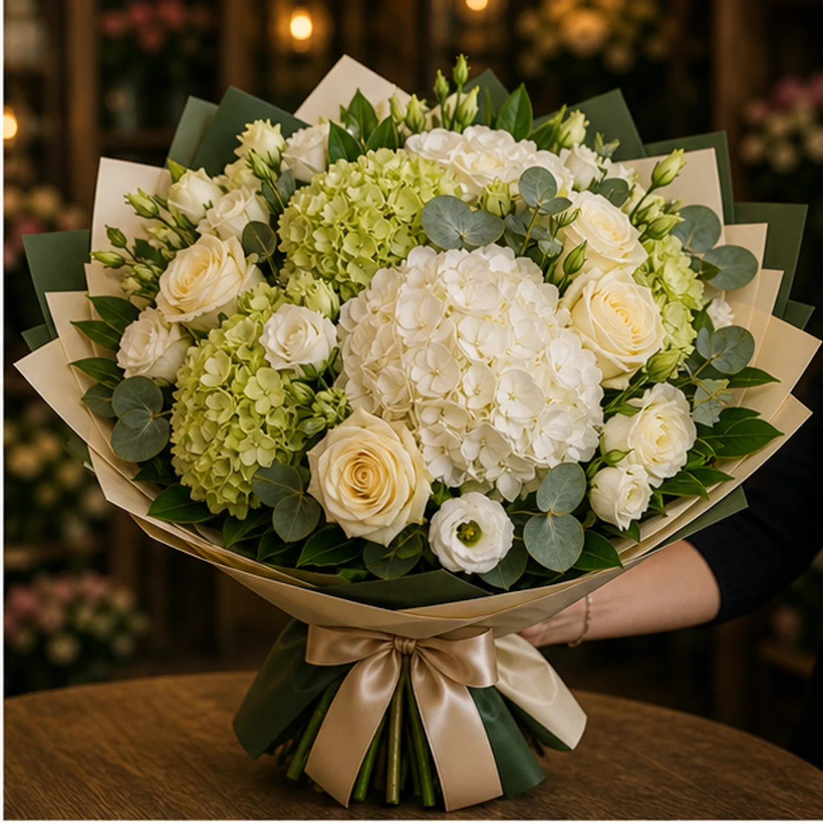 Buchet flori aniversare lux pentru eveniment cu hortensie si trandafiri crem - poza 2