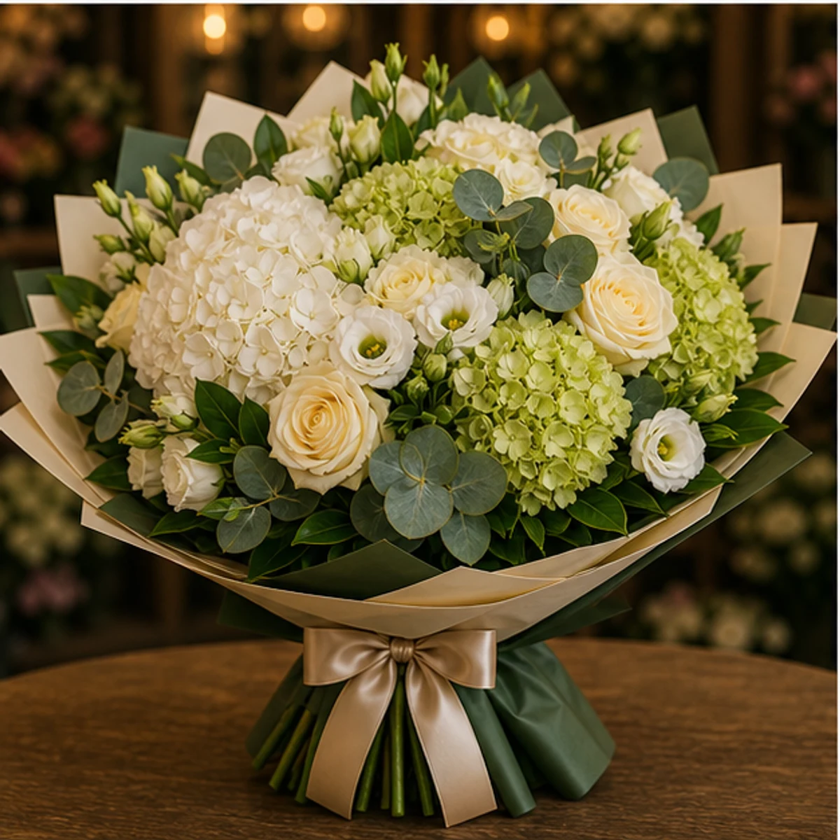 Buchet flori aniversare lux pentru eveniment cu hortensie si trandafiri crem - poza 3