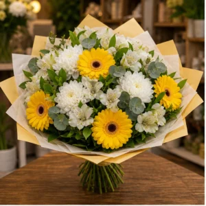 Buchet flori aniversare onomastica in tonuri alb si galben - poza 1
