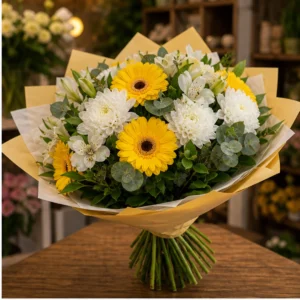 Buchet flori aniversare onomastica in tonuri alb si galben - poza 2