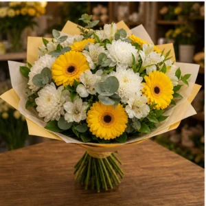 Buchet flori aniversare onomastica in tonuri alb si galben - poza 3