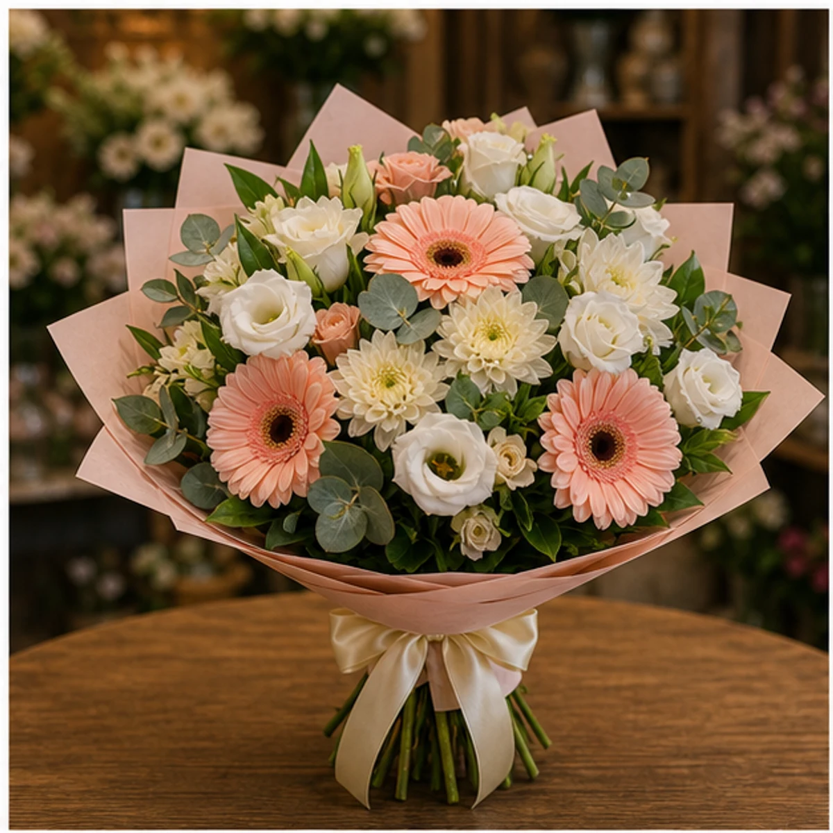 Buchet flori aniversare pastel somon cu lisianthus si gerbera - poza 1