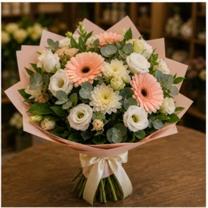 Buchet flori aniversare pastel somon cu lisianthus si gerbera - poza 2