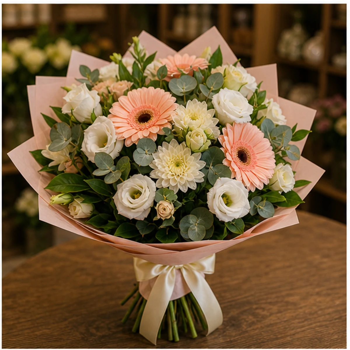 Buchet flori aniversare pastel somon cu lisianthus si gerbera - poza 2