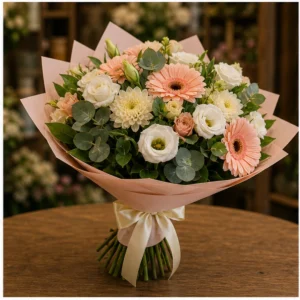 Buchet flori aniversare pastel somon cu lisianthus si gerbera - poza 3