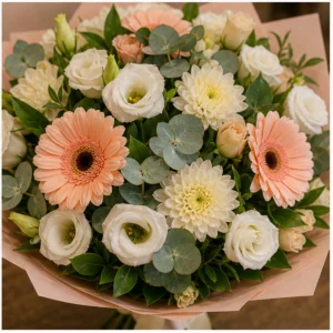 Buchet flori aniversare pastel somon cu lisianthus si gerbera - poza 4