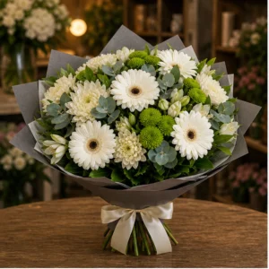 Buchet flori aniversare pentru colegi cu gerbera si santini - poza 1