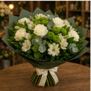 Buchet flori aniversare pentru familie cu trandafiri albi si santini - poza 3