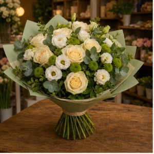 Buchet flori aniversare pentru relatie cu trandafiri crem si lisianthus - poza 1