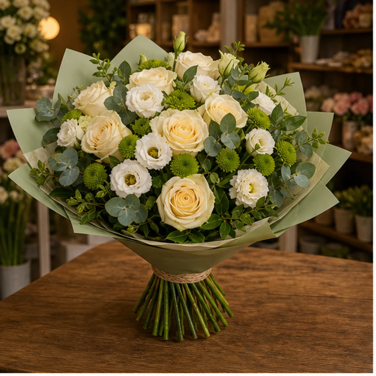 Buchet flori aniversare pentru relatie cu trandafiri crem si lisianthus - poza 1