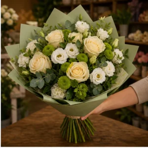 Buchet flori aniversare pentru relatie cu trandafiri crem si lisianthus - poza 2