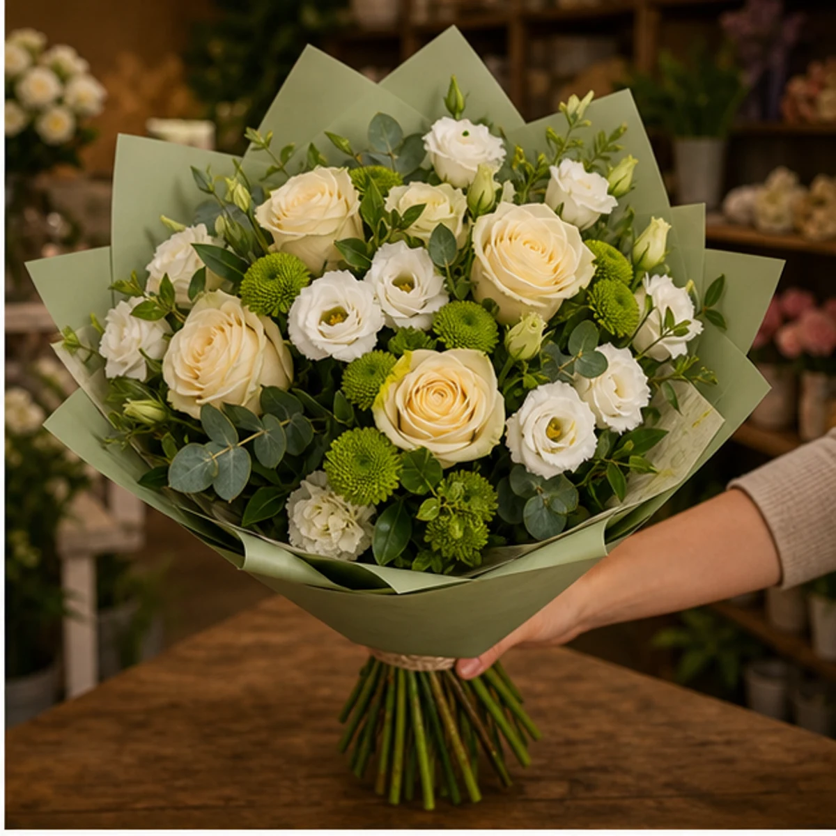Buchet flori aniversare pentru relatie cu trandafiri crem si lisianthus - poza 2