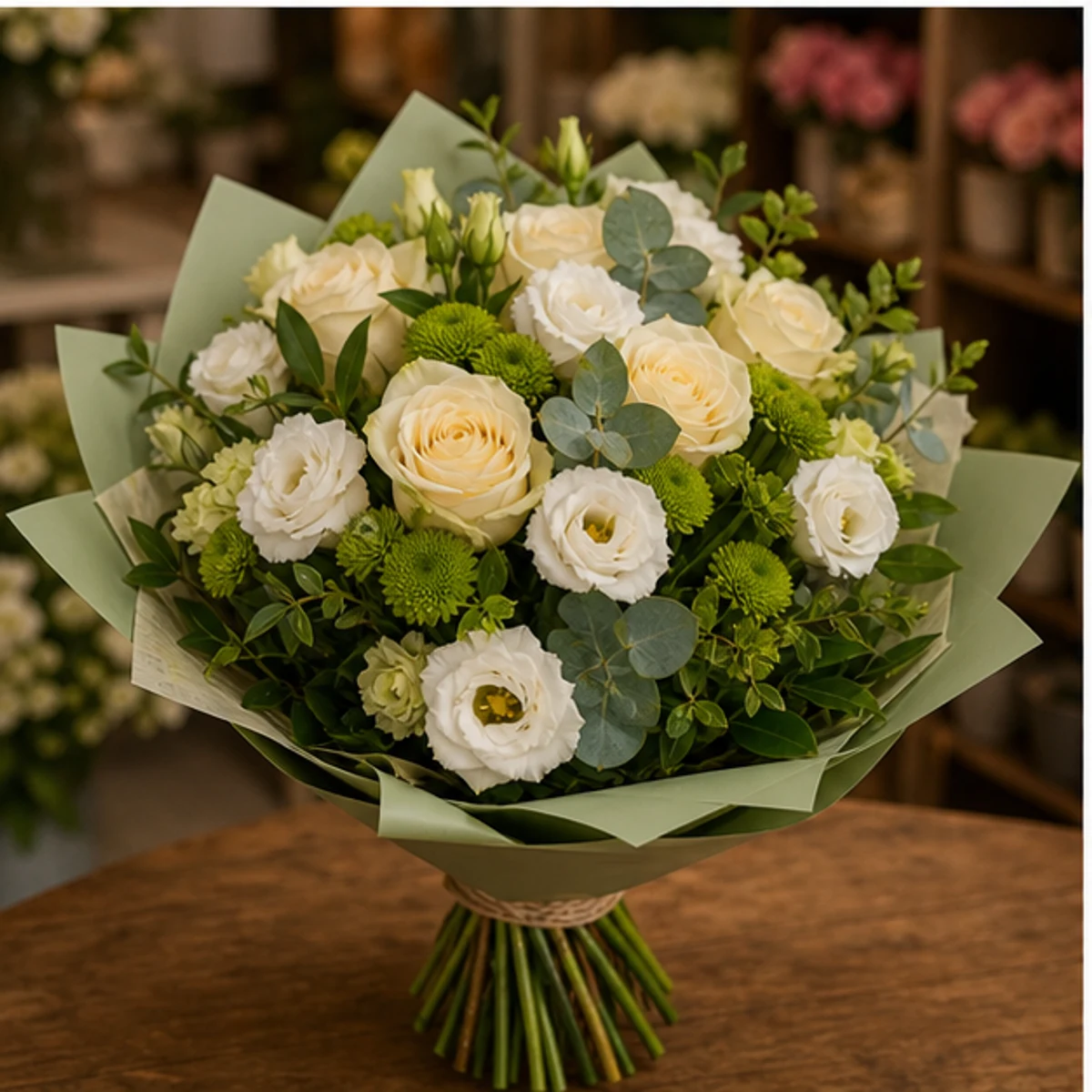 Buchet flori aniversare pentru relatie cu trandafiri crem si lisianthus - poza 3