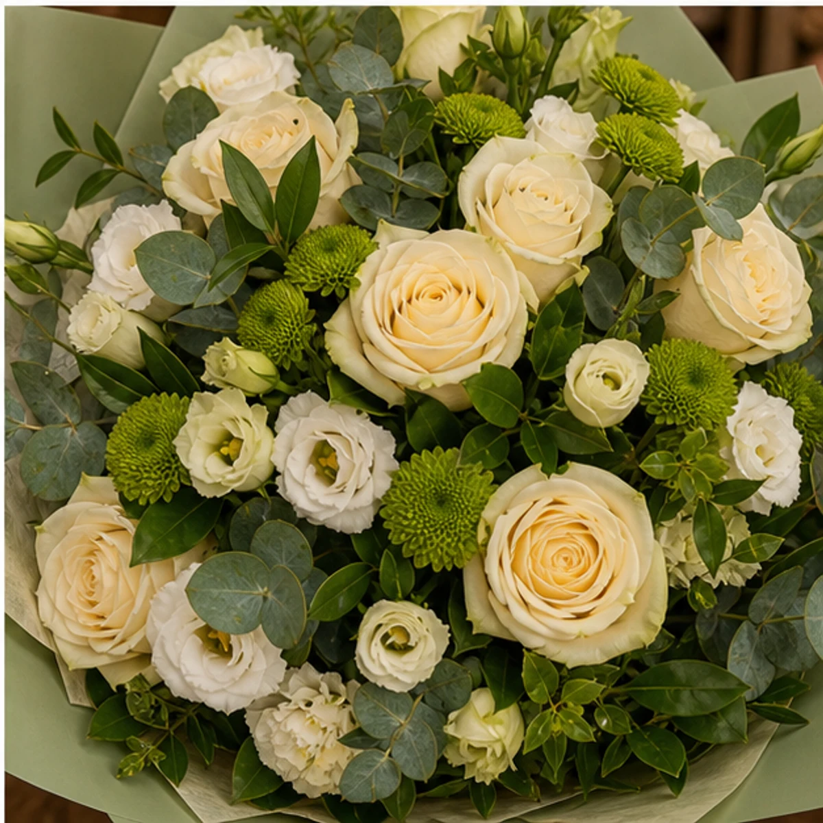 Buchet flori aniversare pentru relatie cu trandafiri crem si lisianthus - poza 4