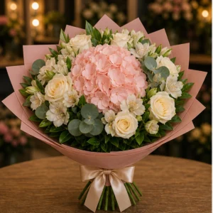 Buchet flori aniversare premium roz somon cu hortensie - poza 1