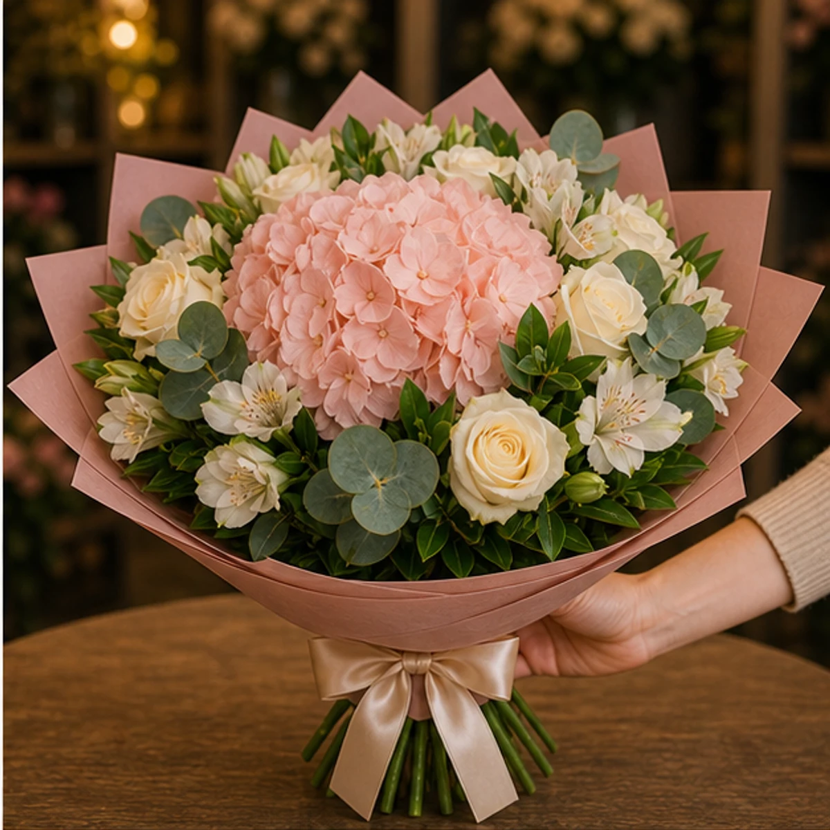 Buchet flori aniversare premium roz somon cu hortensie - poza 2
