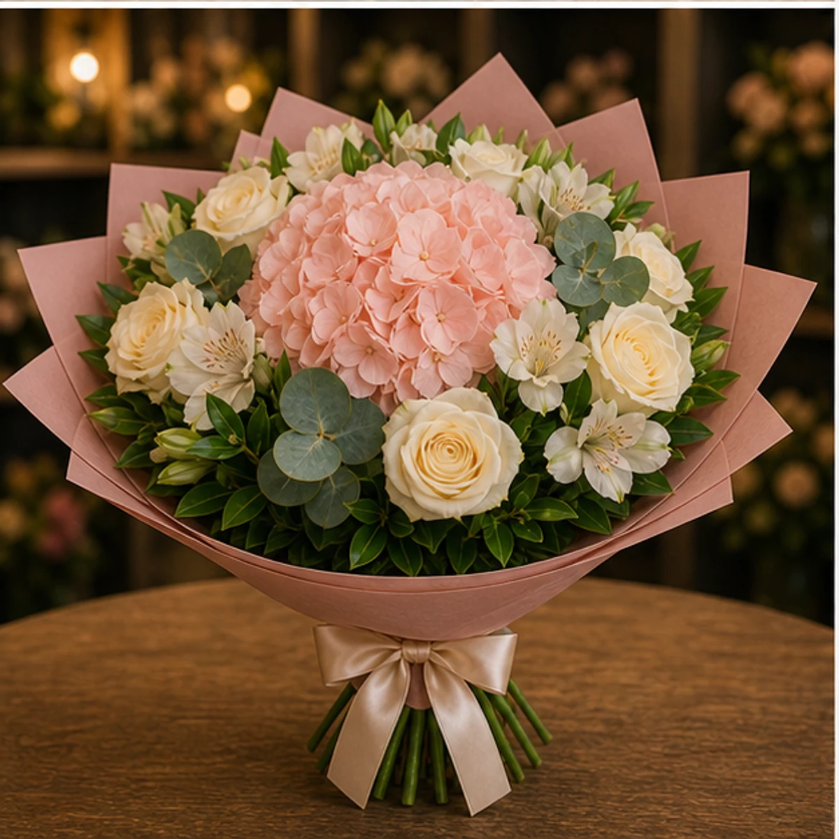 Buchet flori aniversare premium roz somon cu hortensie - poza 3