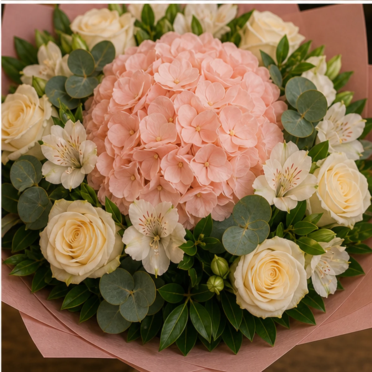 Buchet flori aniversare premium roz somon cu hortensie - poza 4
