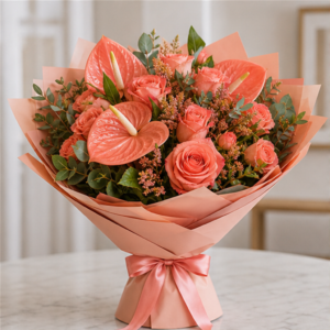 Buchet Flori Cadou Acasă București Coral Calm cu Anthurium - imagine 1