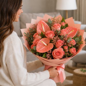 Buchet Flori Cadou Acasă București Coral Calm cu Anthurium - imagine 3