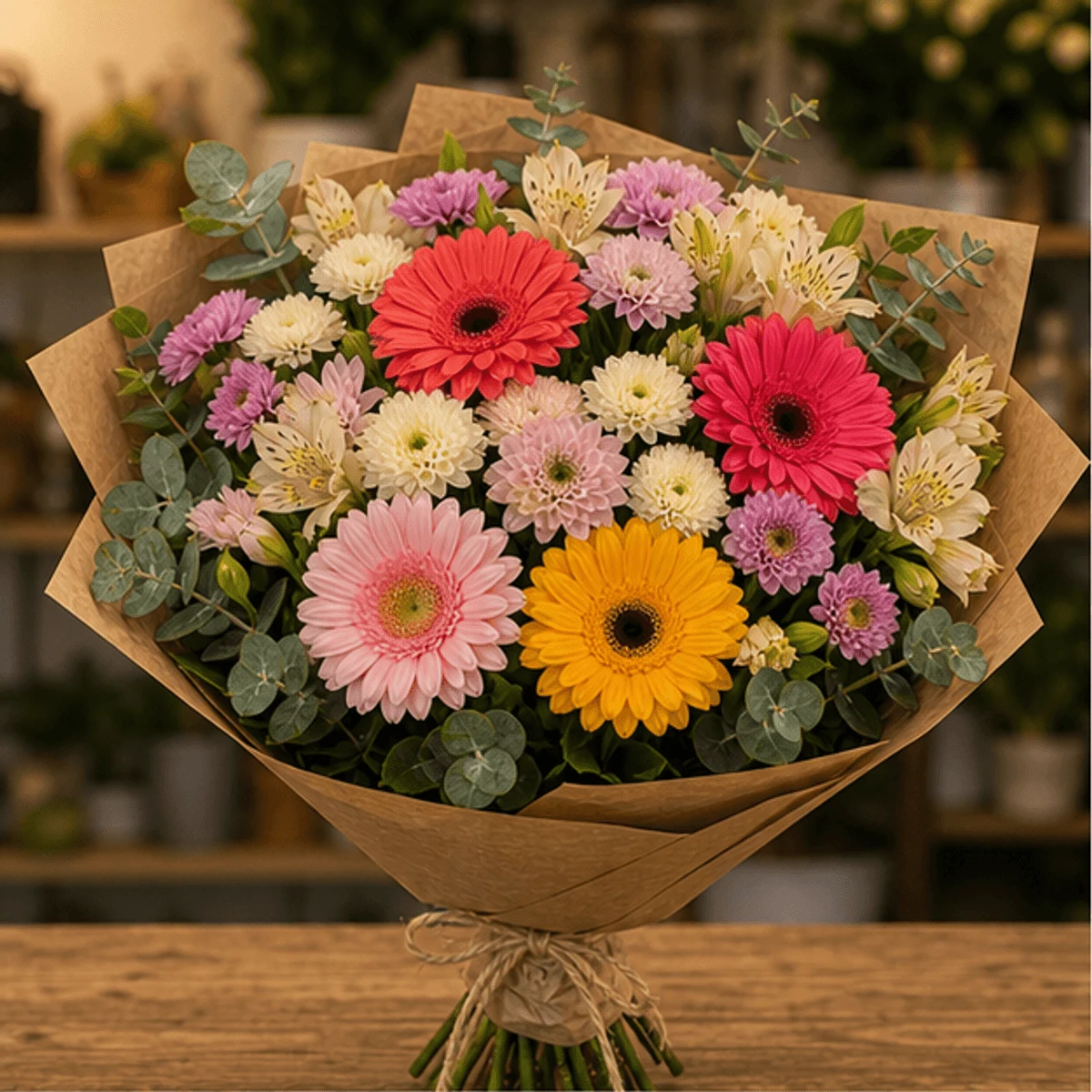 Buchet flori de camp colorat cu crizanteme si gerbera - poza 1