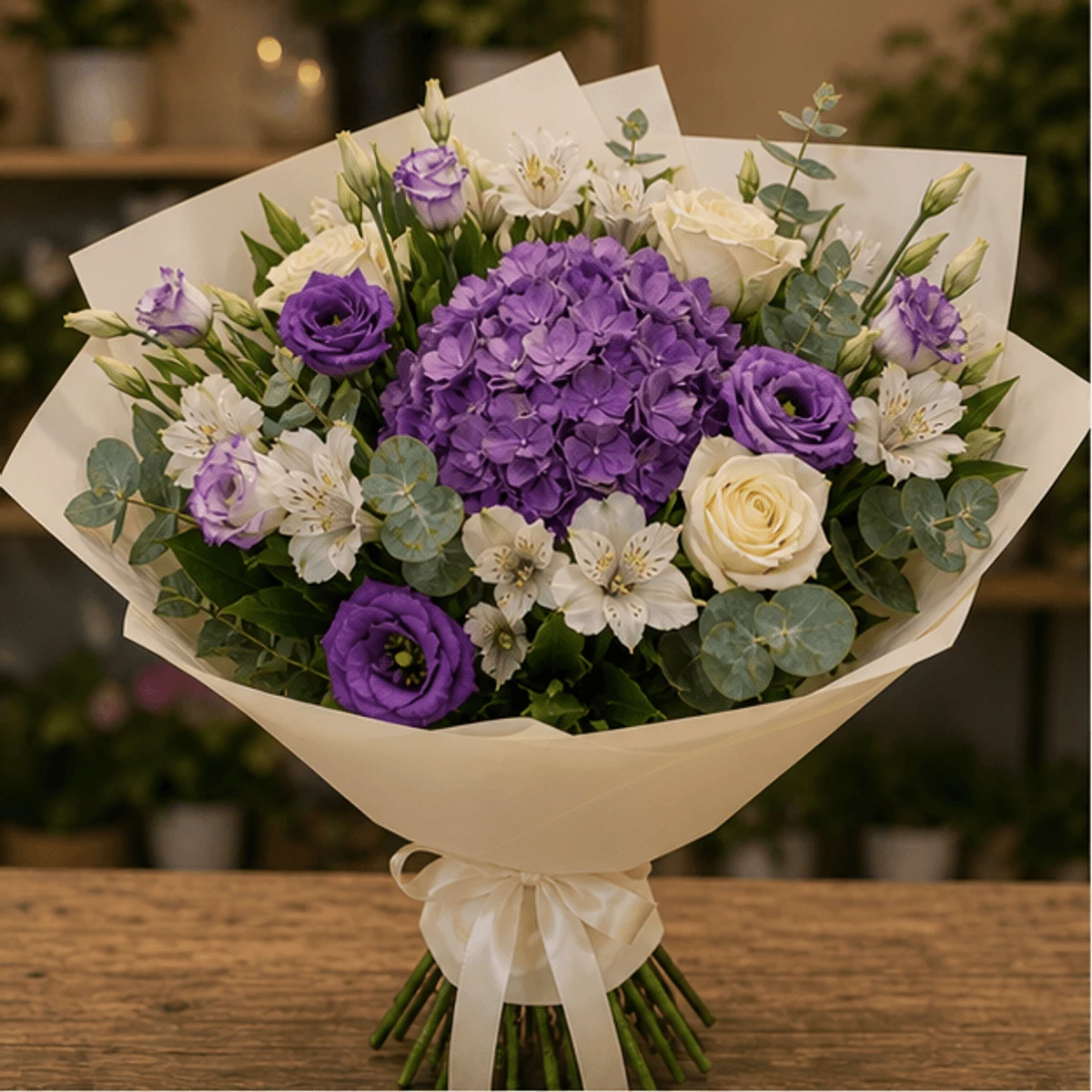 Buchet flori de camp de lux cu hortensie si lisianthus mov - poza 1