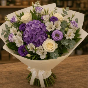 Buchet flori de camp de lux cu hortensie si lisianthus mov - poza 3