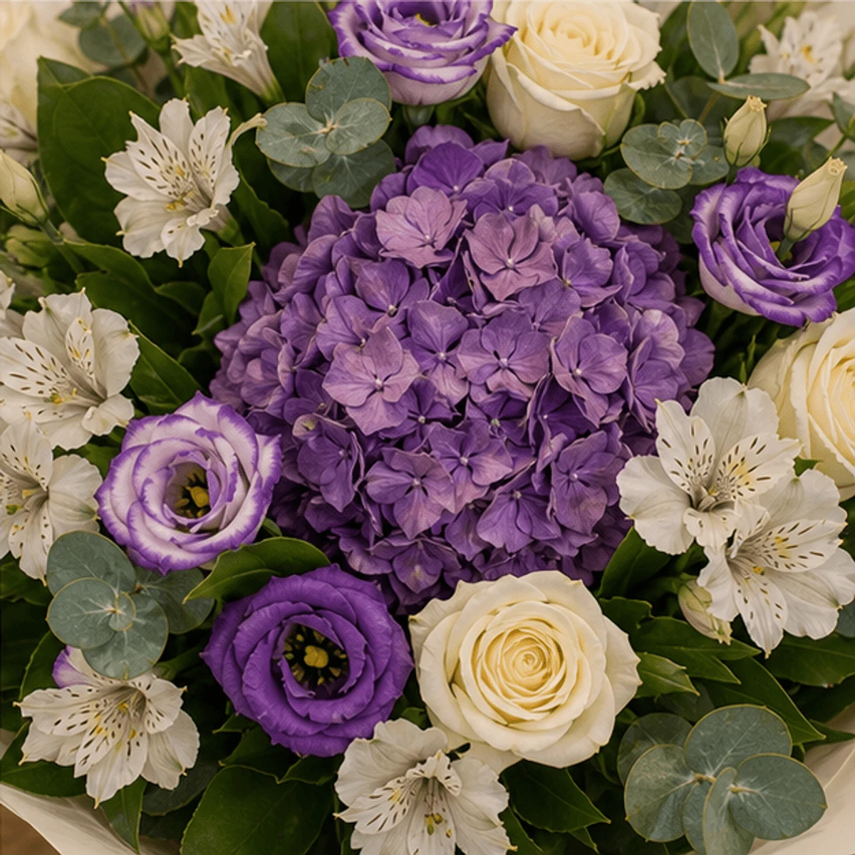 Buchet flori de camp de lux cu hortensie si lisianthus mov - poza 4