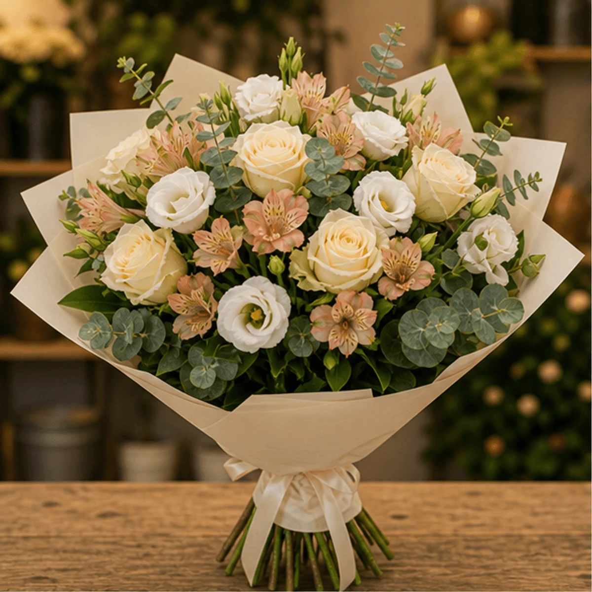 Buchet flori de camp elegant cu trandafiri crem si eucalipt - poza 1