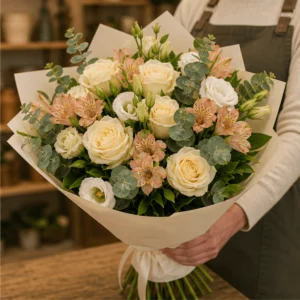 Buchet flori de camp elegant cu trandafiri crem si eucalipt - poza 2