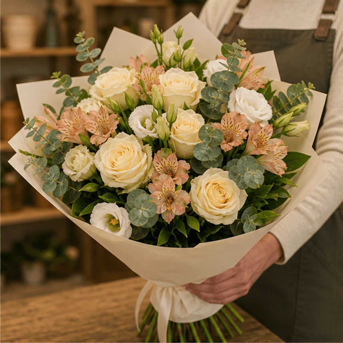 Buchet flori de camp elegant cu trandafiri crem si eucalipt - poza 2
