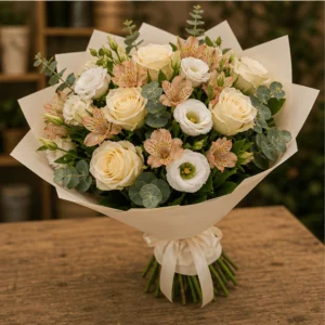 Buchet flori de camp elegant cu trandafiri crem si eucalipt - poza 3