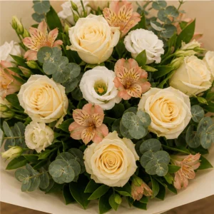Buchet flori de camp elegant cu trandafiri crem si eucalipt - poza 4