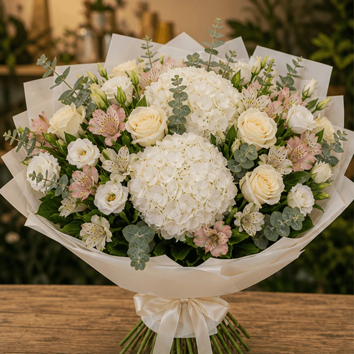 Buchet flori de camp grandios cu hortensii si trandafiri crem - poza 1
