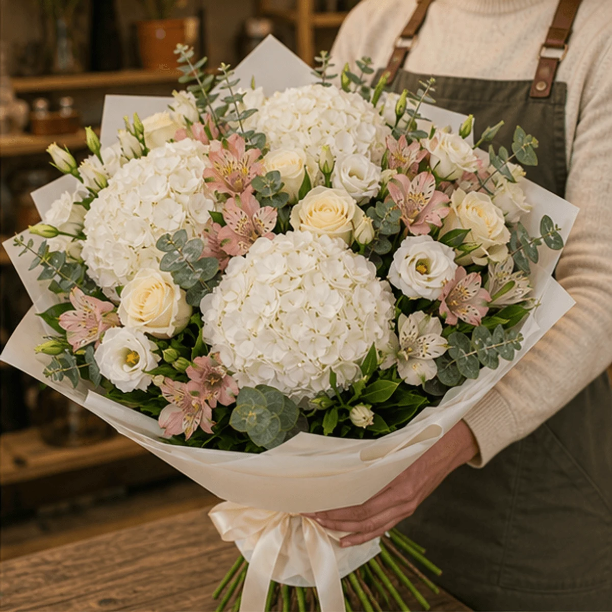 Buchet flori de camp grandios cu hortensii si trandafiri crem - poza 2