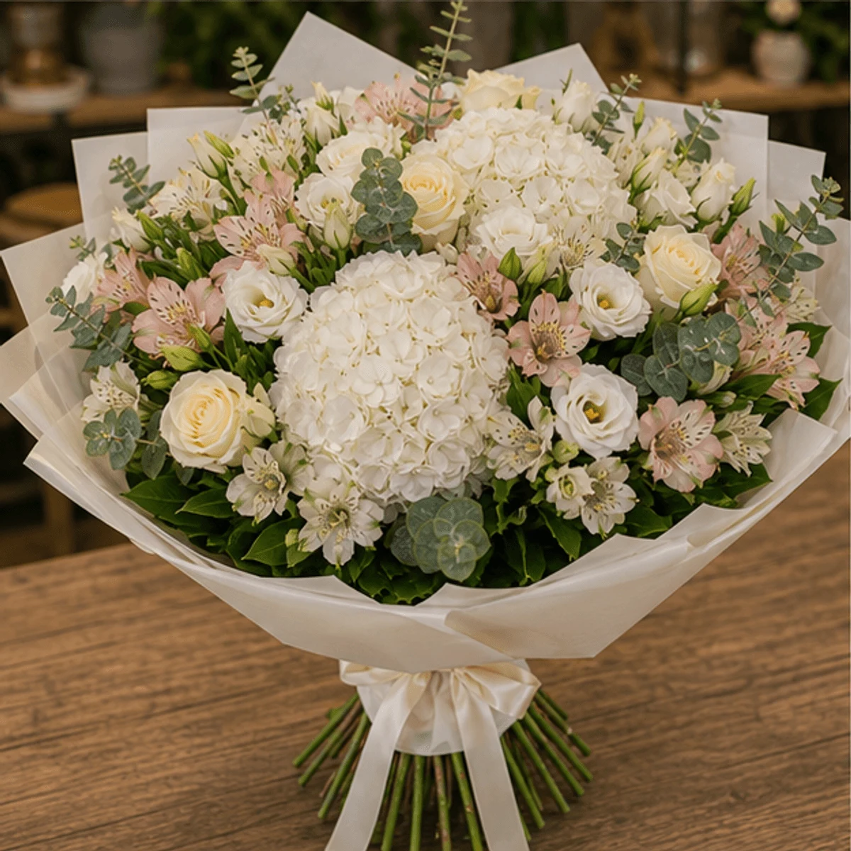Buchet flori de camp grandios cu hortensii si trandafiri crem - poza 3