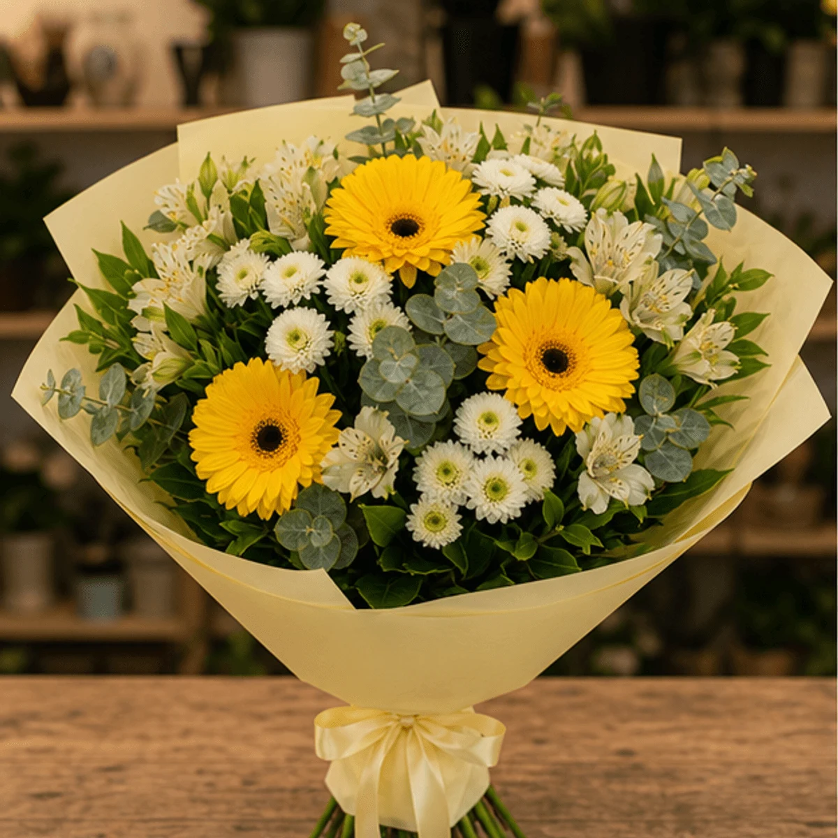 Buchet flori de camp luminos cu gerbera galbena si santini - poza 1