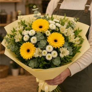 Buchet flori de camp luminos cu gerbera galbena si santini - poza 2