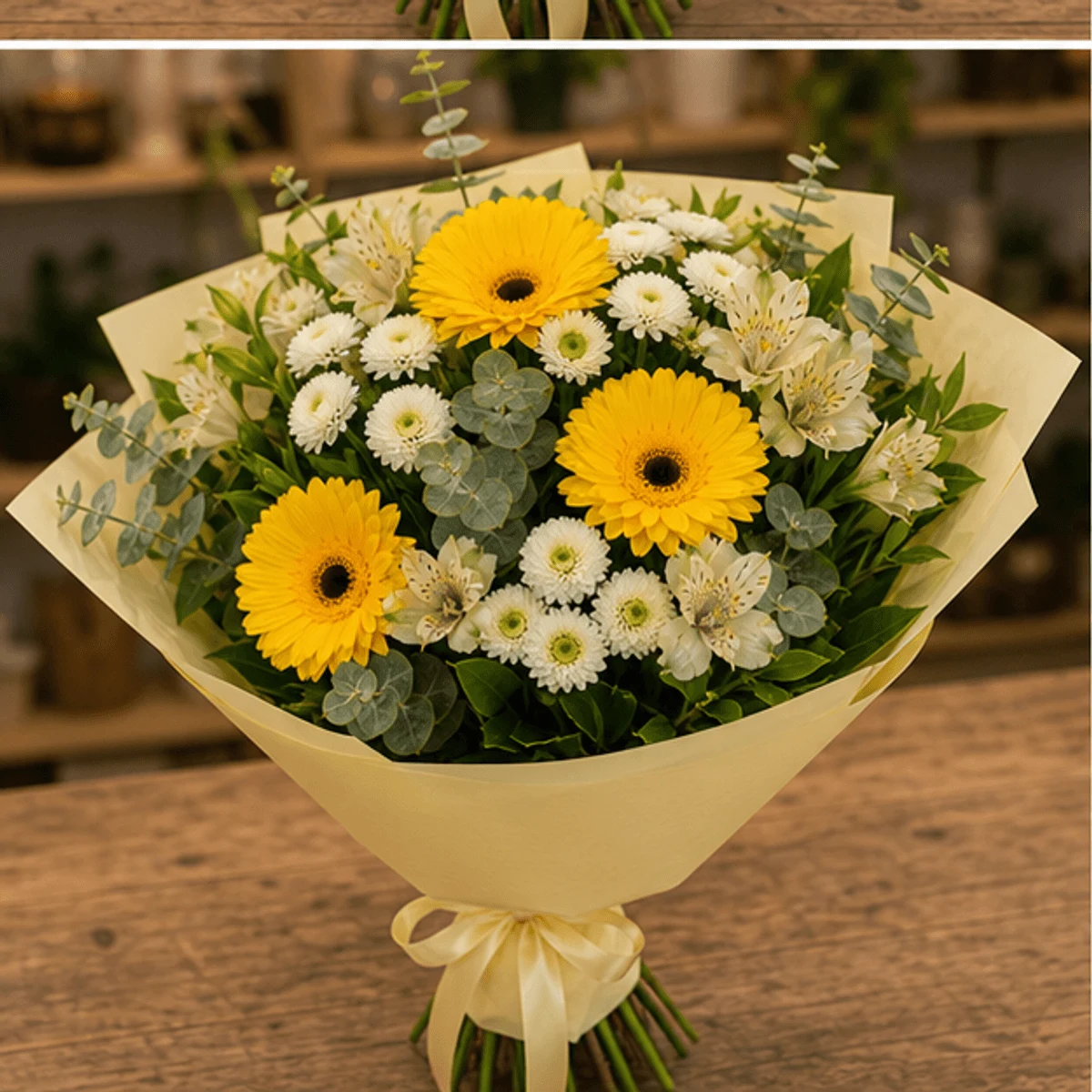 Buchet flori de camp luminos cu gerbera galbena si santini - poza 3