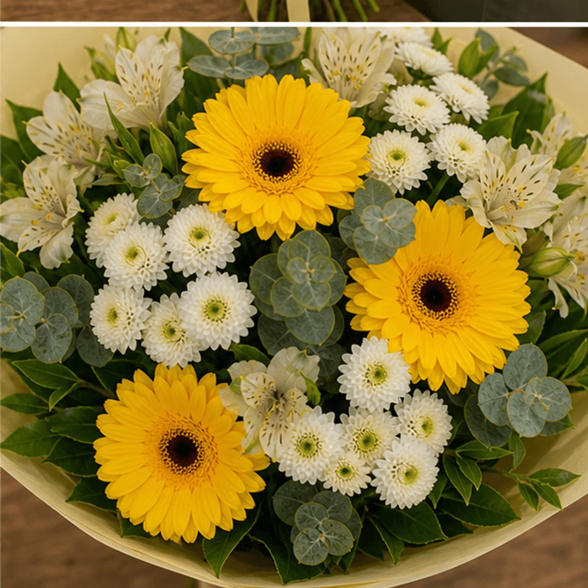 Buchet flori de camp luminos cu gerbera galbena si santini - poza 4