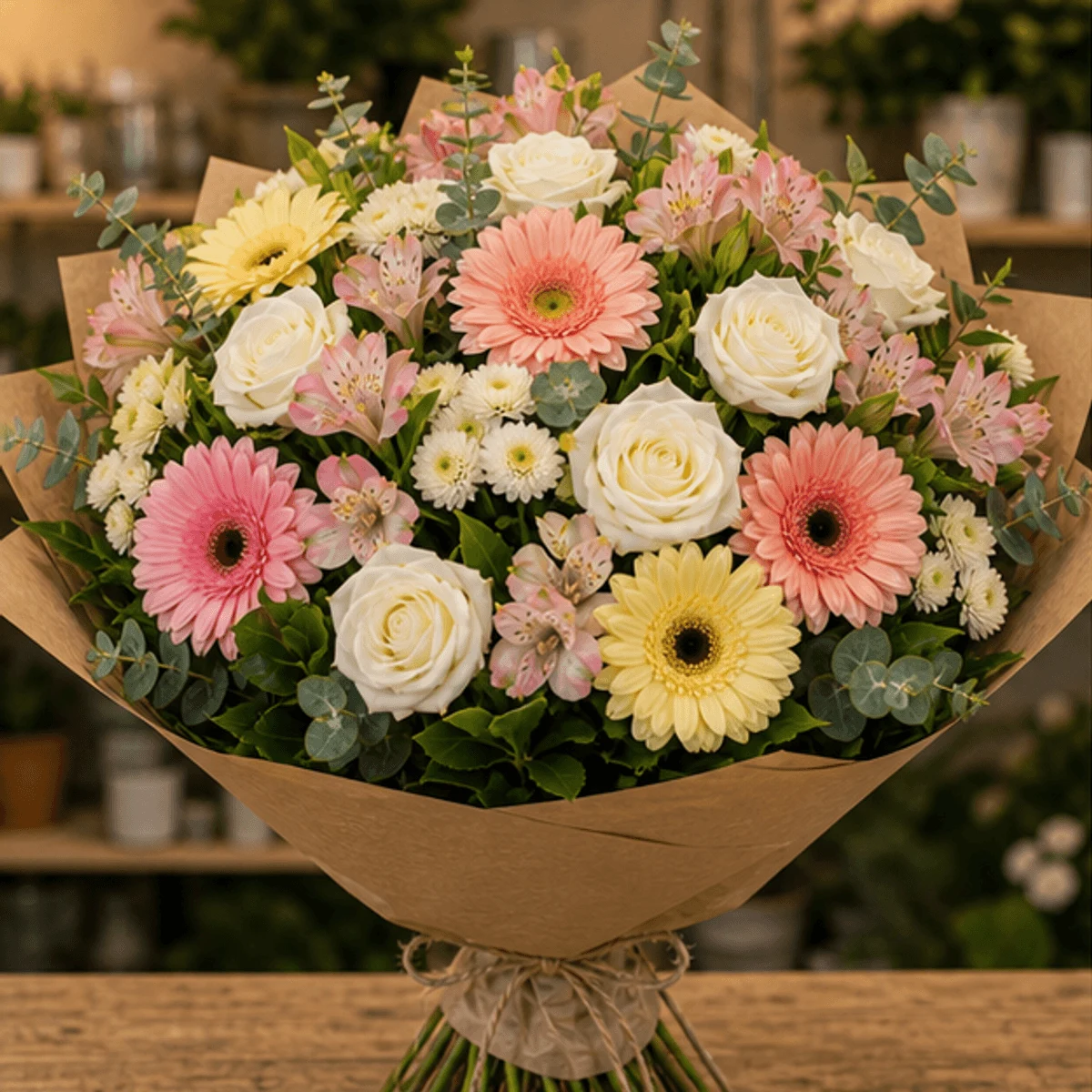Buchet flori de camp mare cu gerbera si trandafiri albi - poza 1