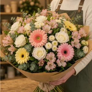 Buchet flori de camp mare cu gerbera si trandafiri albi - poza 2