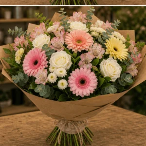 Buchet flori de camp mare cu gerbera si trandafiri albi - poza 3