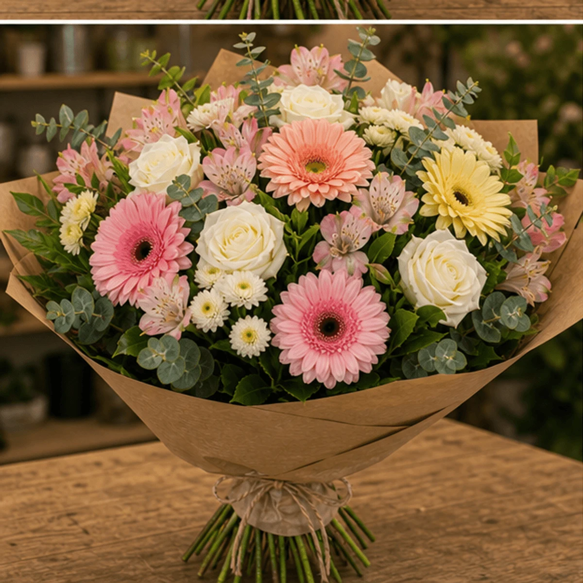 Buchet flori de camp mare cu gerbera si trandafiri albi - poza 3