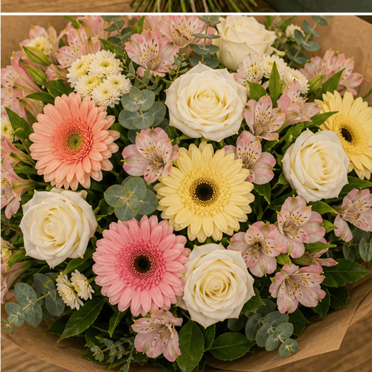 Buchet flori de camp mare cu gerbera si trandafiri albi - poza 4
