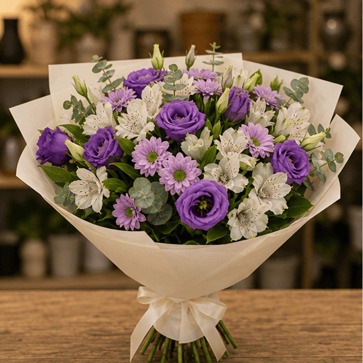 Buchet flori de camp mov cu lisianthus si alstroemeria - poza 1