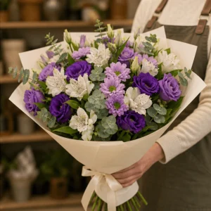 Buchet flori de camp mov cu lisianthus si alstroemeria - poza 2
