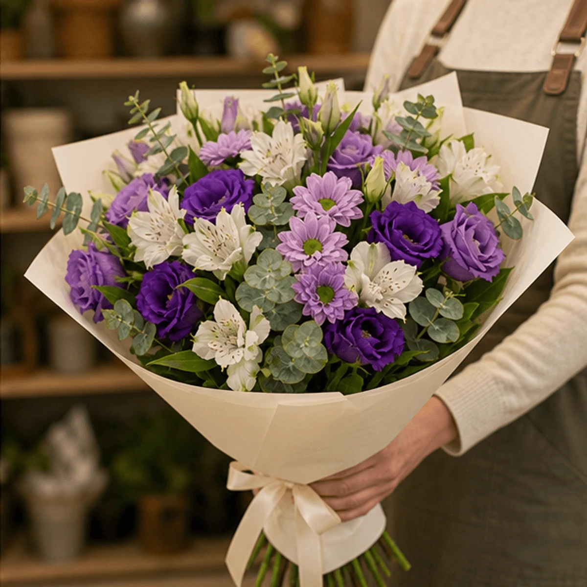 Buchet flori de camp mov cu lisianthus si alstroemeria - poza 2