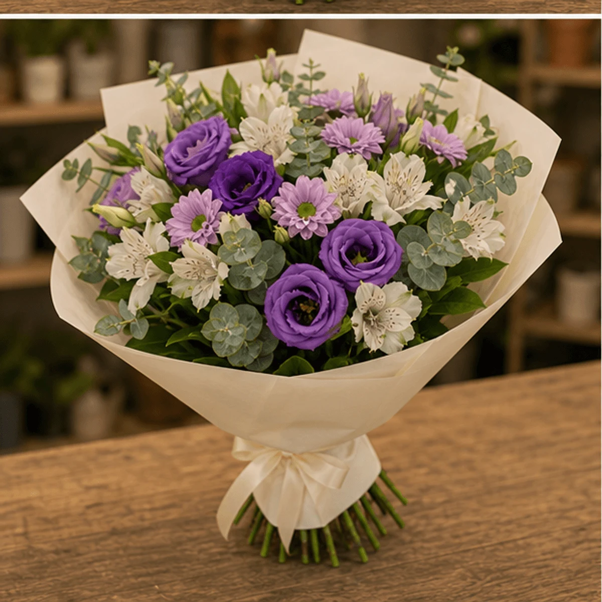 Buchet flori de camp mov cu lisianthus si alstroemeria - poza 3