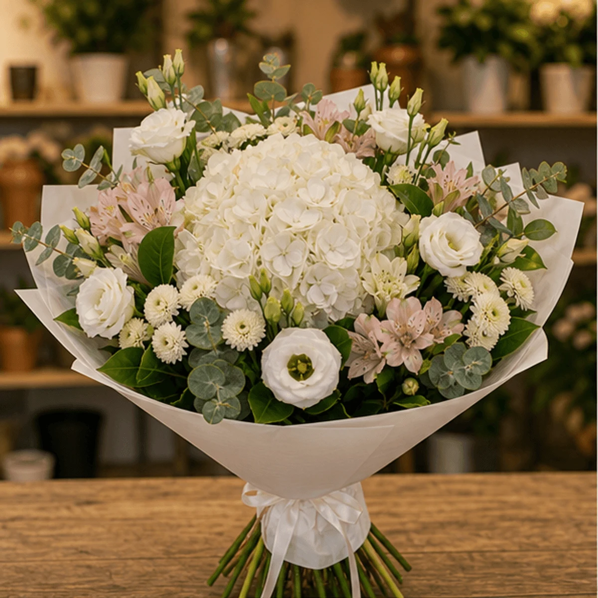 Buchet flori de camp natural cu hortensie alba si lisianthus - poza 1